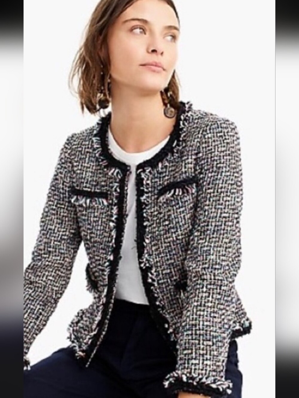 🌟NWOT J. Crew Black & Multicolor Tweed Fringe-Trim Jacket 2